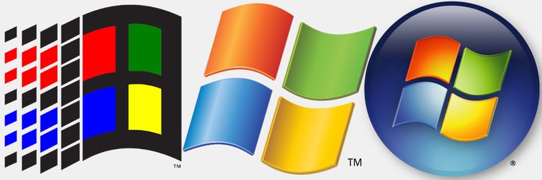 Logoene fra Windows 3.0, XP og Vista.